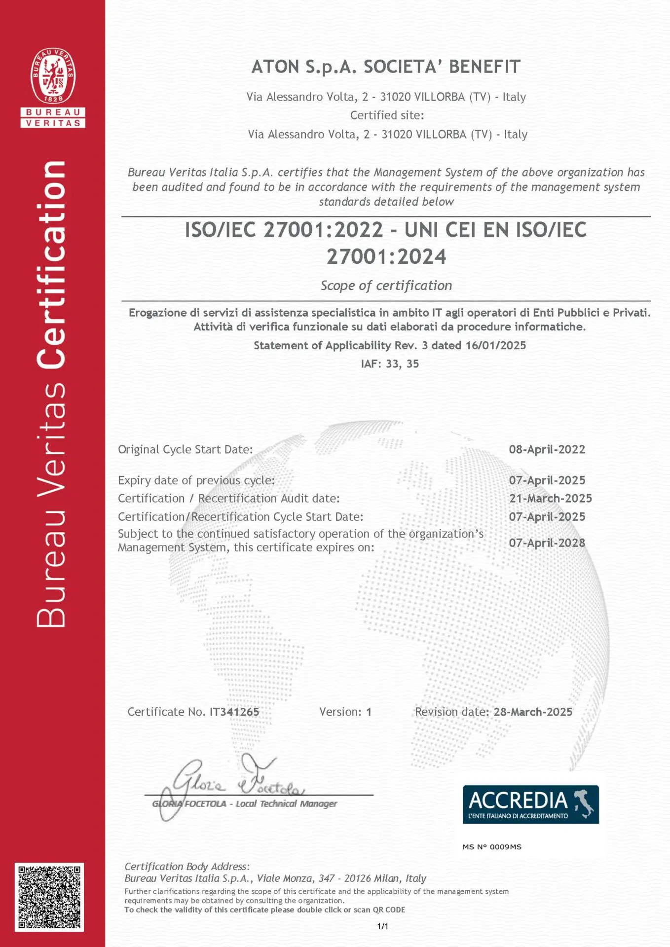 Image - Certificate IT341265 - ATON S.P.A. SOCIETA# BENEFIT - ISO27001 