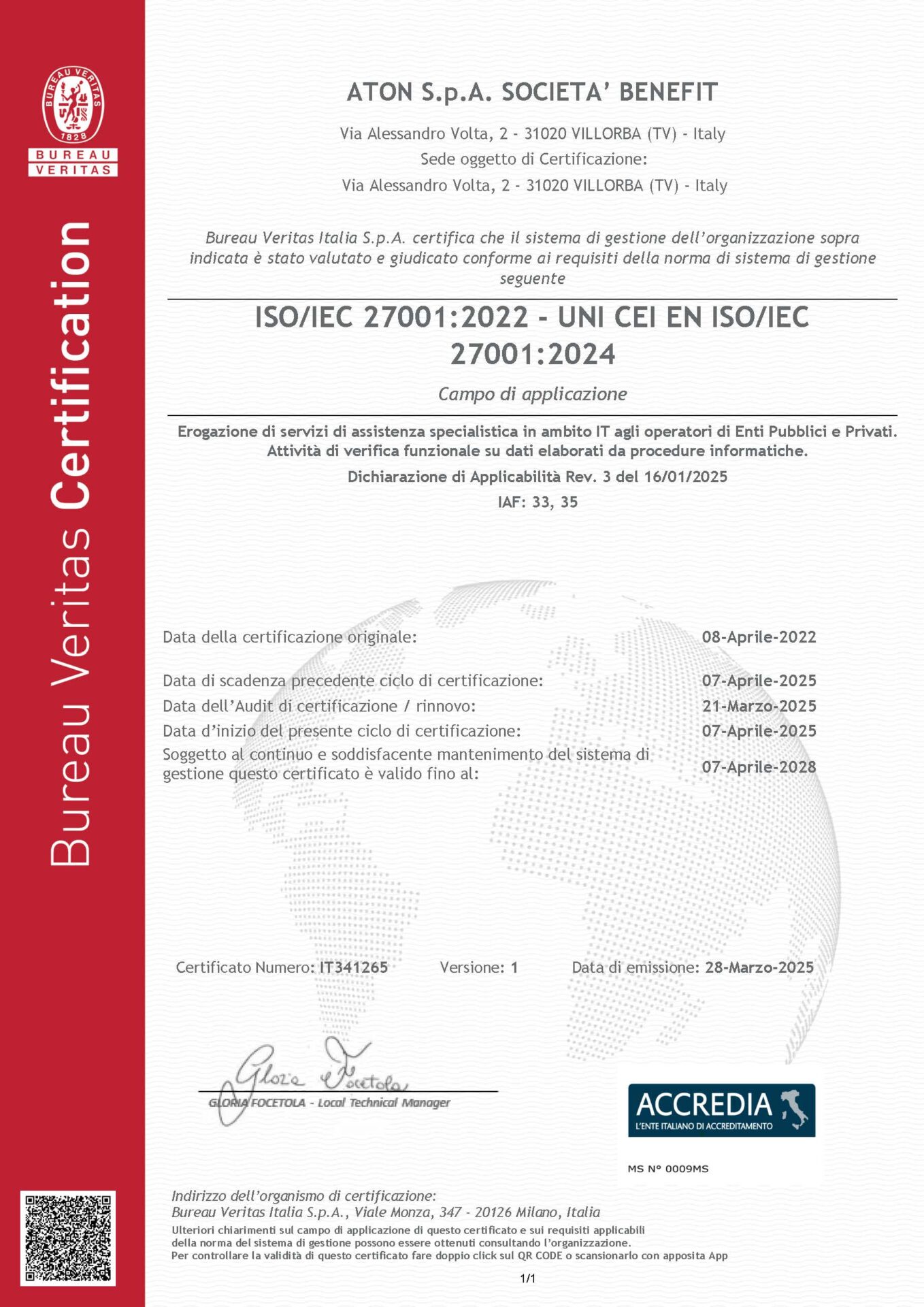 Certificate IT341265 - ATON S.P.A. SOCIETA# BENEFIT - ISO27001 
